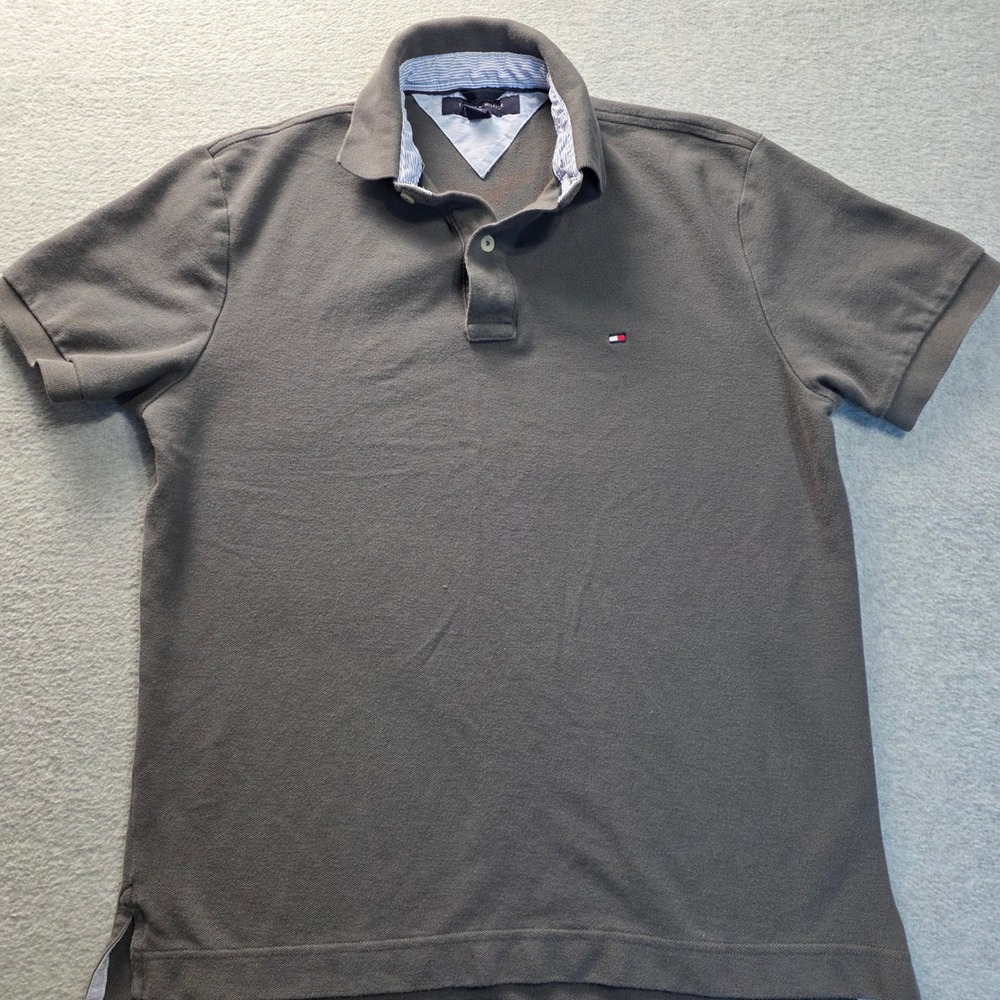 Tommy Hilfiger Mens Charcoal Grey Short Sleeve Pique Polo‎ Shirt Small Flag Logo